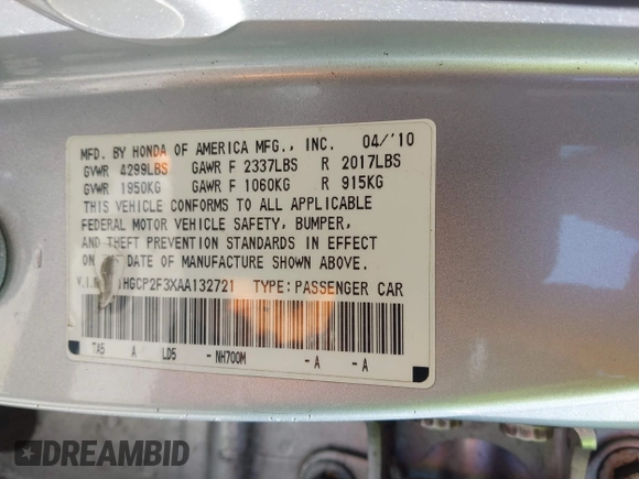 2010 Honda Accord LX with VIN 1HGCP2F3XAA132721, listed as a IAAI auction lot 42572674 with Not provided miles and . Bid and sale history available at DreamBid. Image 9.