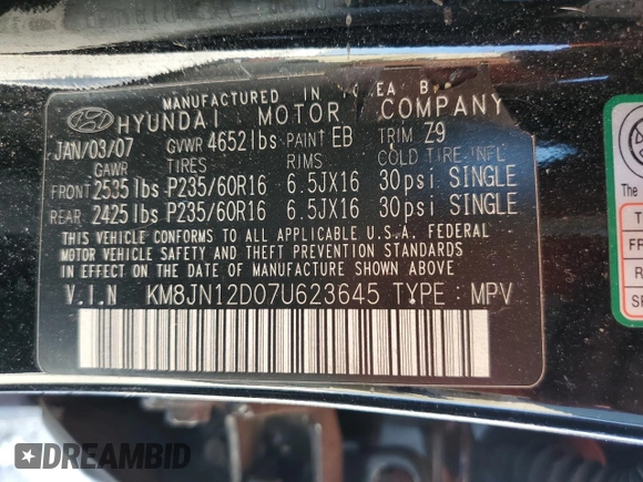 2007 Hyundai Tucson SE with VIN KM8JN12D07U623645, listed as a Copart auction lot 43242735 with 146,102 mi miles and Salvage Title. Bid and sale history available at carsss.com. Image 13.