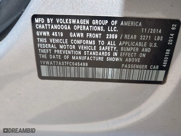 2015 Volkswagen Passat 1.8T Wolfsburg Ed with VIN 1VWAT7A37FC045499, listed as a IAAI auction lot 42020337 with 171,804 mi miles. Bid and sale history available at carsss.com. Image 9.