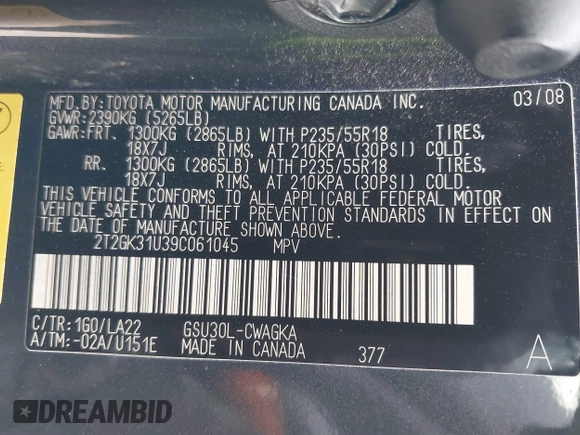 2009 Lexus RX 350 with VIN 2T2GK31U39C061045, listed as a IAAI auction lot 41773554 with 172,304 mi miles and . Bid and sale history available at DreamBid. Image 9.
