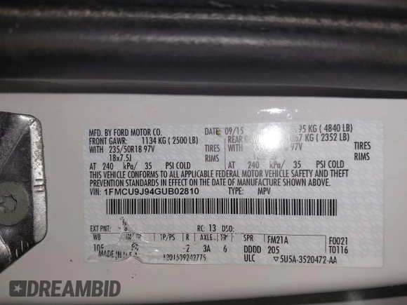 2016 Ford Escape Titanium with VIN 1FMCU9J94GUB02810, listed as a IAAI auction lot 41643907 with 119,684 mi miles. Bid and sale history available at carsss.com. Image 9.