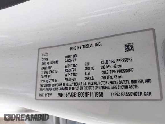 2022 Tesla Model 3 Performance with VIN 5YJ3E1EC6NF111958, listed as a IAAI auction lot 41583972 with 28,431 mi miles and . Bid and sale history available at DreamBid. Image 9.