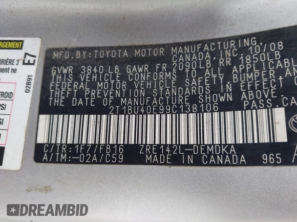 2009 Toyota Corolla with VIN 2T1BU40E99C138106, listed as a IAAI auction lot 42718093 with 203,233 mi miles and . Bid and sale history available at DreamBid. Image 9.