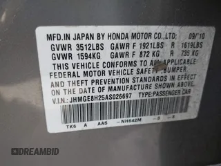 2010 Honda Fit with VIN JHMGE8H25AS026697, listed as a IAAI auction lot 41775689 with 92,805 mi miles. Bid and sale history available at carsss.com. Image 9.