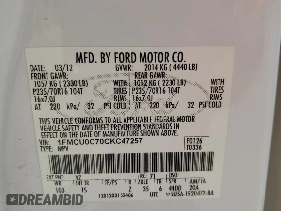 2012 Ford Escape XLS with VIN 1FMCU0C70CKC47257, listed as a Copart auction lot 61061255 with Not provided miles and Salvage title. Bid and sale history available at DreamBid. Image 13.