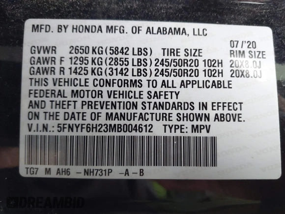 2021 Honda Pilot Special Edition with VIN 5FNYF6H23MB004612, listed as a IAAI auction lot 41734947 with 115,295 mi miles and . Bid and sale history available at DreamBid. Image 9.