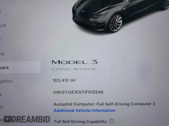 2018 Tesla Model 3 Long Range Battery with VIN 5YJ3E1EA7JF012249, listed as a IAAI auction lot 41782972 with 103,412 mi miles. Bid and sale history available at carsss.com. Image 14.