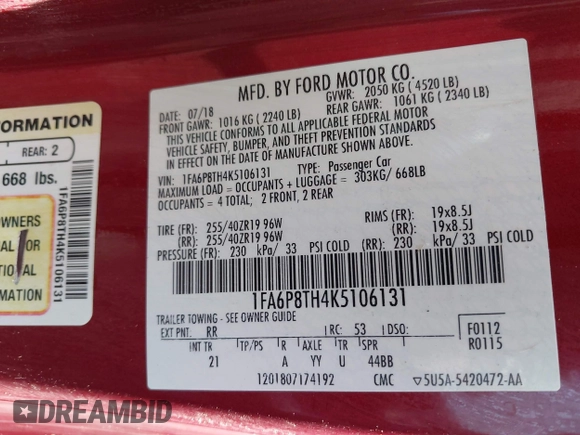 2019 Ford Mustang EcoBoost with VIN 1FA6P8TH4K5106131, listed as a IAAI auction lot 41895726 with 70,906 mi miles and . Bid and sale history available at carsss.com. Image 9.