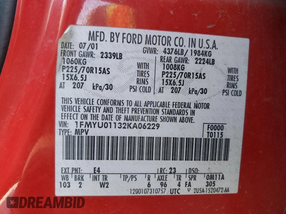 2002 Ford Escape XLS Choice with VIN 1FMYU01132KA06229, listed as a Copart auction lot 52698005 with 190,834 mi miles and Clean title. Bid and sale history available at DreamBid. Image 15.