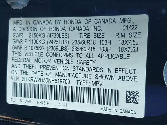2022 Honda CR-V EX with VIN 2HKRW2H50NH619709, listed as a IAAI auction lot 41407969 with 41,115 mi miles. Bid and sale history available at carsss.com. Image 9.