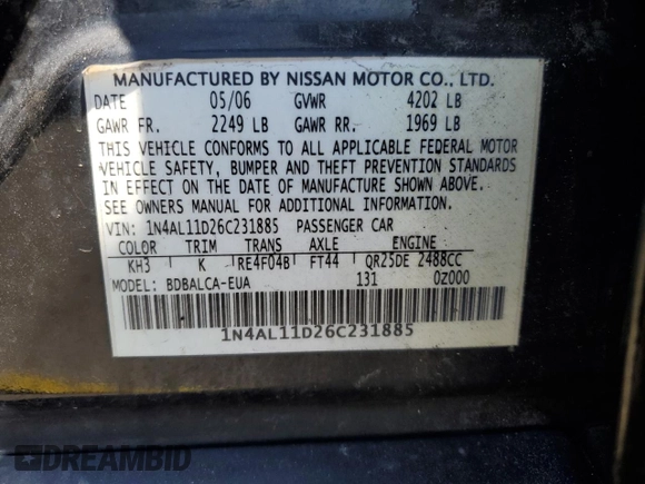 2006 Nissan Altima S with VIN 1N4AL11D26C231885, listed as a Copart auction lot 58259585 with Not provided miles and Non repairable. Bid and sale history available at DreamBid. Image 12.
