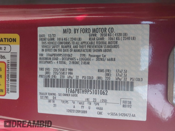 2023 Ford Mustang EcoBoost with VIN 1FA6P8TH9P5101062, listed as a IAAI auction lot 41689085 with 29,623 mi miles. Bid and sale history available at carsss.com. Image 9.