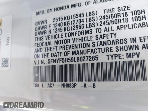 2020 Honda Pilot EX-L with VIN 5FNYF5H59LB027265, listed as a IAAI auction lot 41826300 with 57,201 mi miles. Bid and sale history available at carsss.com. Image 9.