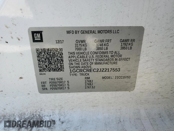 2018 Chevrolet Silverado 1500 LT with VIN 1GCRCREC2JZ217553, listed as a Copart auction lot 51945385 with 117,514 mi miles and Salvage Title. Bid and sale history available at DreamBid. Image 13.