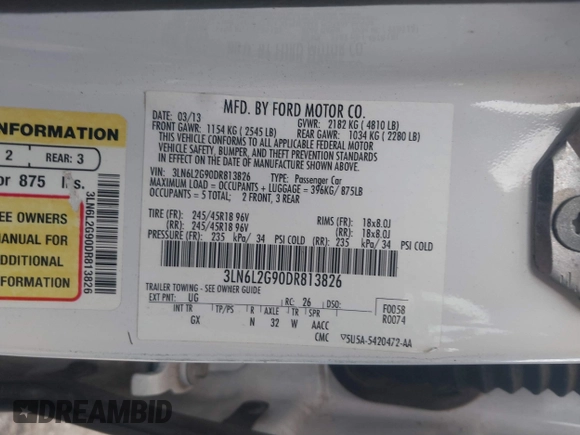 2013 Lincoln MKZ with VIN 3LN6L2G90DR813826, listed as a IAAI auction lot 41833991 with 98,776 mi miles and . Bid and sale history available at DreamBid. Image 9.