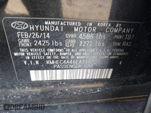2014 Hyundai Sonata Hybrid Limited with VIN KMHEC4A46EA110201, listed as a IAAI auction lot 41427483 with 81,957 mi miles. Bid and sale history available at carsss.com. Image 9.