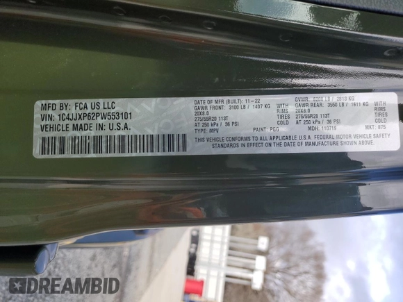 2023 Jeep Wrangler Sahara with VIN 1C4JJXP62PW553101, listed as a Copart auction lot 85543124 with 28,157 mi miles and Salvage Title. Bid and sale history available at DreamBid. Image 13.