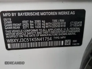 2019 BMW X2 sDrive28i with VIN WBXYJ3C51K5N41754, listed as a Copart auction lot 47112285 with 96,951 mi miles and Non repairable. Bid and sale history available at DreamBid. Image 14.