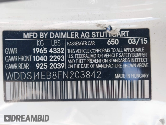 2015 Mercedes-Benz CLA 250 with VIN WDDSJ4EB8FN203842, listed as a IAAI auction lot 41734568 with 143,848 mi miles and . Bid and sale history available at DreamBid. Image 9.