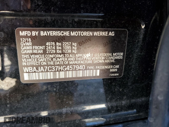 2017 BMW 5 Series 530i xDrive with VIN WBAJA7C37HG457940, listed as a Copart auction lot 85928794 with 134,801 mi miles and Salvage Title. Bid and sale history available at carsss.com. Image 13.