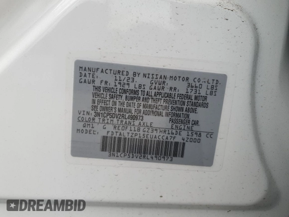 2024 Nissan Kicks SR with VIN 3N1CP5DV2RL490973, listed as a Copart auction lot 50377055 with 3,408 mi miles and Salvage Title. Bid and sale history available at DreamBid. Image 14.