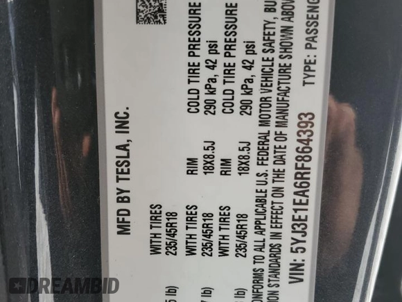 2024 Tesla Model 3 z VIN 5YJ3E1EA6RF864393, wystawiony jako Copart lot #41414425 z przebiegiem 1 529 mil mil oraz Szkoda całkowita • Salvage title. Historia ofert i sprzedaży dostępna na DreamBid. Obrazek 14.