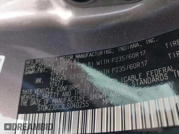 2020 Toyota Sienna LE Auto Access Seat with VIN 5TDKZ3DC3LS040255, listed as a IAAI auction lot 41720899 with 100,180 mi miles and . Bid and sale history available at DreamBid. Image 9.