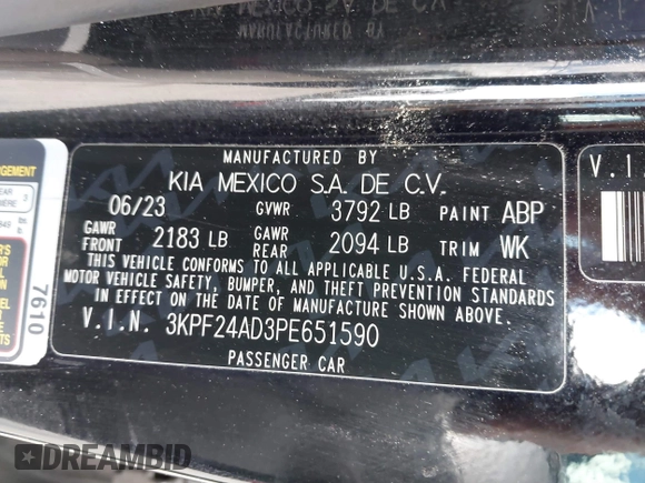 2023 Kia Forte LXS with VIN 3KPF24AD3PE651590, listed as a IAAI auction lot 41713050 with 29,727 mi miles. Bid and sale history available at carsss.com. Image 9.
