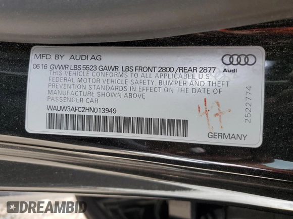 2017 Audi A7 Premium Plus with VIN WAUW3AFC2HN013949, listed as a Copart auction lot 42920754 with 0 mi miles. Bid and sale history available at carsss.com. Image 15.