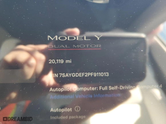 2023 Tesla Model Y Performance with VIN 7SAYGDEF2PF911013, listed as a Copart auction lot 46318005 with 20,119 mi miles and Salvage Title. Bid and sale history available at carsss.com. Image 9.