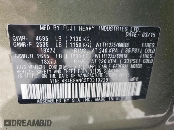 2015 Subaru Outback Limited z VIN 4S4BSANC5F3319229, wystawiony jako Copart lot #58090295 z przebiegiem 140 993 mil mil oraz Szkoda całkowita • Salvage title. Historia ofert i sprzedaży dostępna na DreamBid. Obrazek 13.