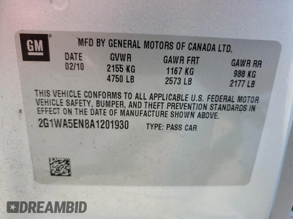 2010 Chevrolet Impala LS with VIN 2G1WA5EN8A1201930, listed as a Copart auction lot 52489895 with 105,302 mi miles and Salvage Title. Bid and sale history available at DreamBid. Image 12.
