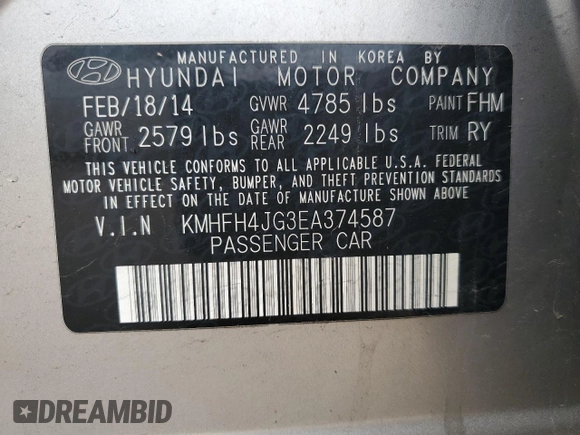 2014 Hyundai Azera Limited with VIN KMHFH4JG3EA374587, listed as a Copart auction lot 56535405 with 99,093 mi miles and Salvage title. Bid and sale history available at DreamBid. Image 12.