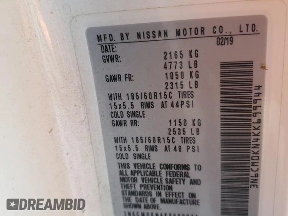 2019 Nissan NV200 S с VIN 3N6CM0KN4KK699944, выставлен на аукционе Copart как лот 51737035 с пробегом Не указан миль и Списание • Salvage title. История ставок и продаж доступна на DreamBid. Изображение 13.