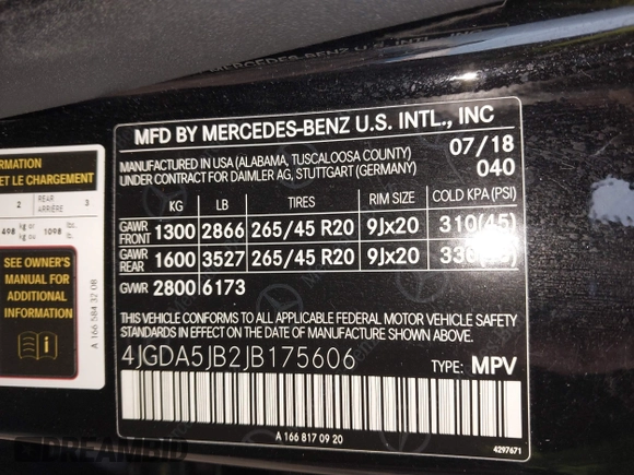 2018 Mercedes-Benz GLE 350 with VIN 4JGDA5JB2JB175606, listed as a IAAI auction lot 41769554 with 63,081 mi miles and . Bid and sale history available at DreamBid. Image 9.