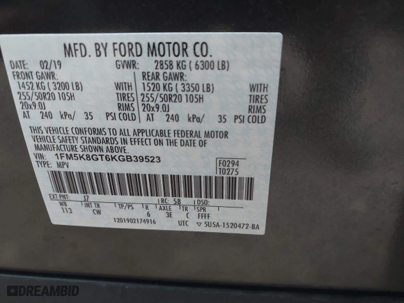 2019 Ford Explorer Sport with VIN 1FM5K8GT6KGB39523, listed as a IAAI auction lot 40913683 with 50,380 mi miles. Bid and sale history available at carsss.com. Image 9.