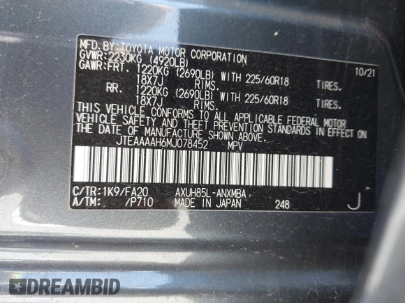 2021 Toyota Venza LE z VIN JTEAAAAH6MJ078452, wystawiony jako IAAI lot #42391481 z przebiegiem 21 604 mil mil oraz . Historia ofert i sprzedaży dostępna na DreamBid. Obrazek 9.