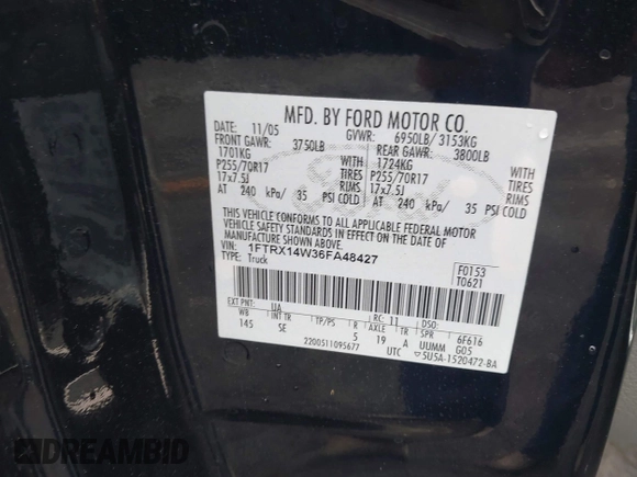 2006 Ford F-150 STX with VIN 1FTRX14W36FA48427, listed as a IAAI auction lot 42450682 with 122,743 mi miles and . Bid and sale history available at DreamBid. Image 9.