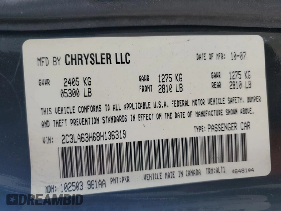 2008 Chrysler 300 C Hemi with VIN 2C3LA63H68H136319, listed as a Copart auction lot 53892414 with Not Provided miles and Salvage Title. Bid and sale history available at carsss.com. Image 14.