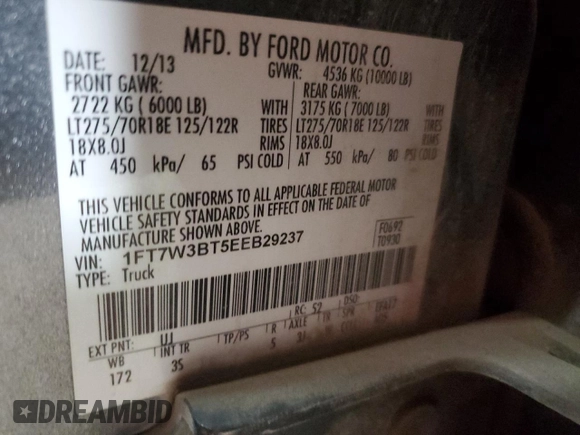 2014 Ford F-350 Platinum with VIN 1FT7W3BT5EEB29237, listed as a Copart auction lot 75745264 with 284,112 mi miles and Salvage title. Bid and sale history available at DreamBid. Image 12.