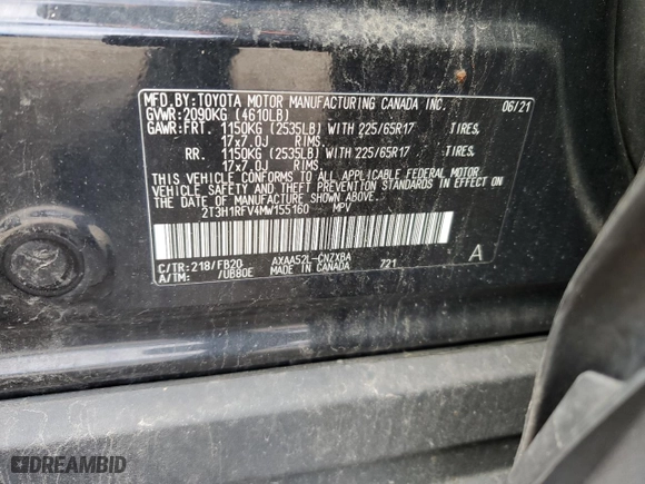 2021 Toyota RAV4 LE with VIN 2T3H1RFV4MW155160, listed as a Copart auction lot 48017775 with 0 mi miles and Clean Title. Bid and sale history available at carsss.com. Image 13.