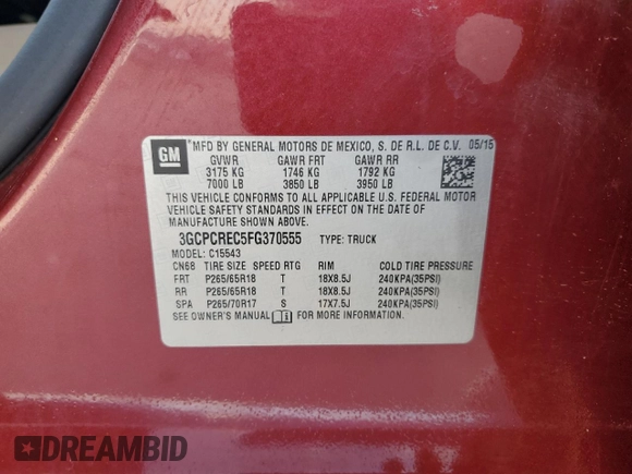 2015 Chevrolet Silverado 1500 LT with VIN 3GCPCREC5FG370555, listed as a Copart auction lot 55070605 with 178,432 mi miles and Clean Title. Bid and sale history available at DreamBid. Image 12.