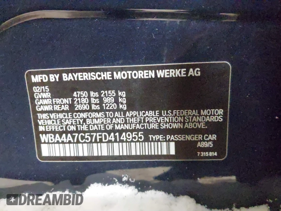 2015 BMW 4 Series 428i xDrive with VIN WBA4A7C57FD414955, listed as a IAAI auction lot 41609214 with 69,125 mi miles and . Bid and sale history available at DreamBid. Image 9.
