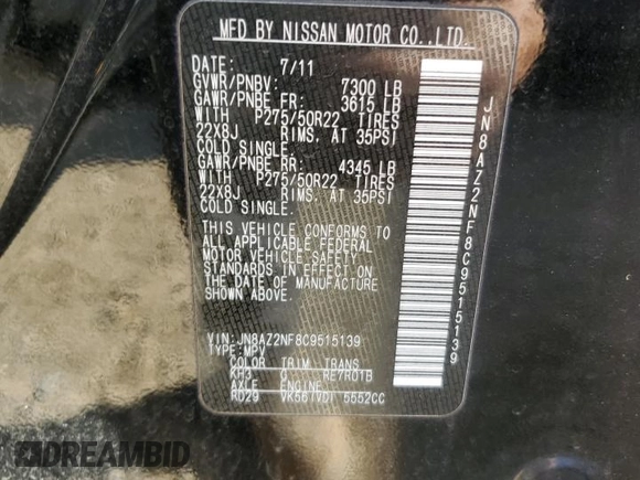 2012 Infiniti QX56 7-passenger with VIN JN8AZ2NF8C9515139, listed as a Copart auction lot 77578344 with 81,886 mi miles and Salvage Title. Bid and sale history available at carsss.com. Image 14.