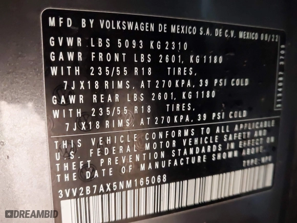 2022 Volkswagen Tiguan SE with VIN 3VV2B7AX5NM165068, listed as a IAAI auction lot 41520963 with 24,829 mi miles. Bid and sale history available at carsss.com. Image 9.
