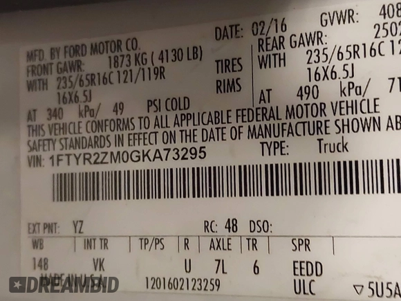 2016 Ford Transit Cargo with VIN 1FTYR2ZM0GKA73295, listed as a IAAI auction lot 41538939 with 301,190 mi miles and . Bid and sale history available at carsss.com. Image 9.
