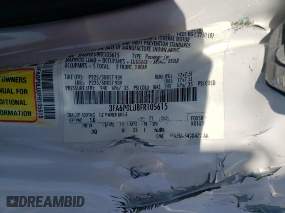 2015 Ford Fusion SE Hybrid z VIN 3FA6P0LU8FR105615, wystawiony jako Copart lot #61451155 z przebiegiem 106 778 mil mil oraz Szkoda całkowita • Salvage title. Historia ofert i sprzedaży dostępna na DreamBid. Obrazek 12.