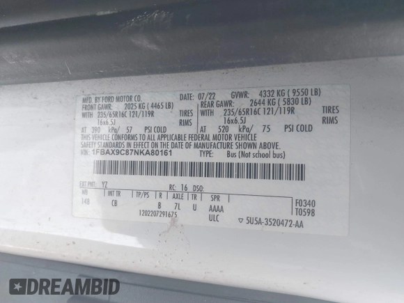 2022 Ford Transit Passenger XL with VIN 1FBAX9C87NKA80161, listed as a IAAI auction lot 41389325 with 128,868 mi miles and . Bid and sale history available at DreamBid. Image 9.