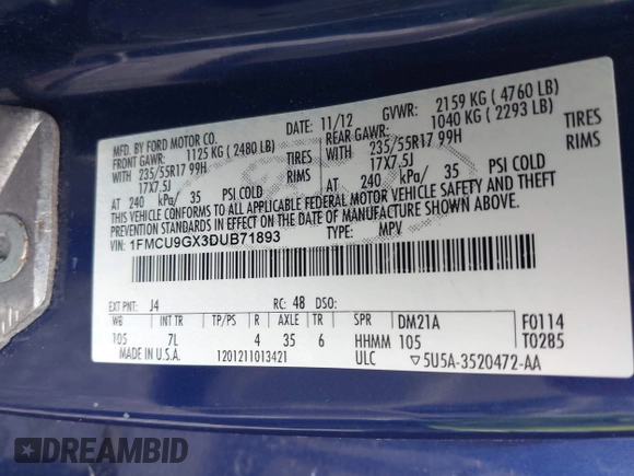 2013 Ford Escape SE с VIN 1FMCU9GX3DUB71893, выставлен на аукционе IAAI как лот 42612767 с пробегом 80 849 миль миль и . История ставок и продаж доступна на DreamBid. Изображение 9.