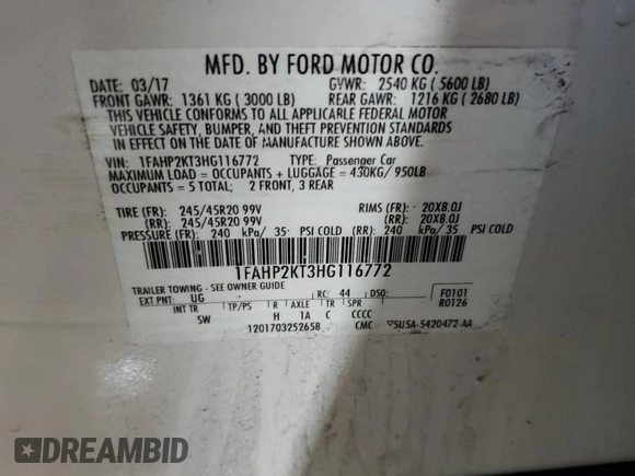 2017 Ford Taurus SHO with VIN 1FAHP2KT3HG116772, listed as a Copart auction lot 47165095 with 79,618 mi miles and Salvage title. Bid and sale history available at DreamBid. Image 12.